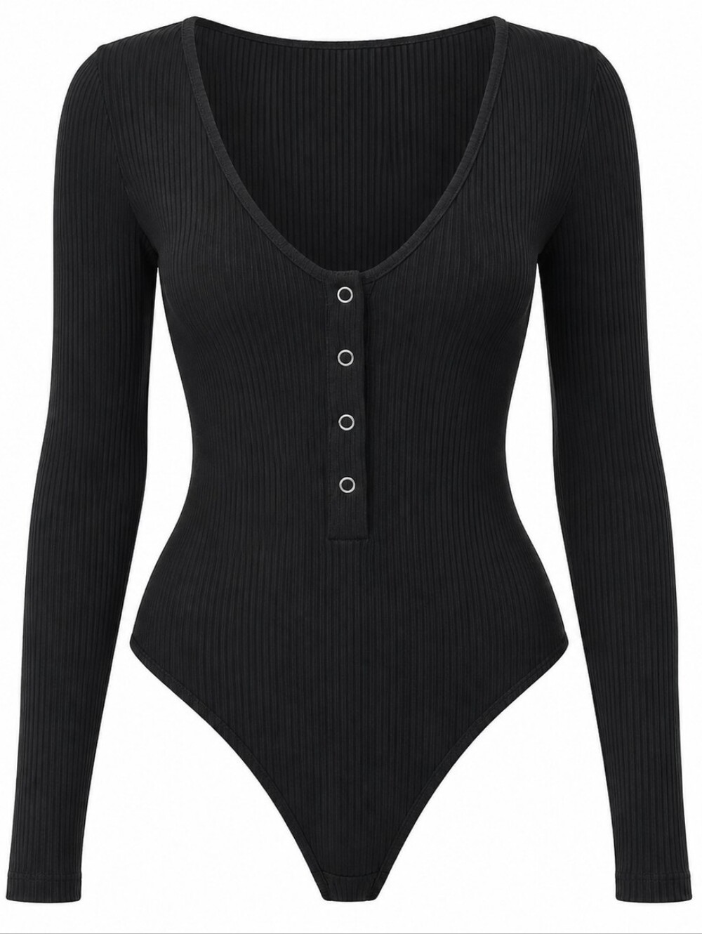 PRINCESS POLLY | Black Ribbed Henley Snap Front Long Sleeve Bodysuit | 12